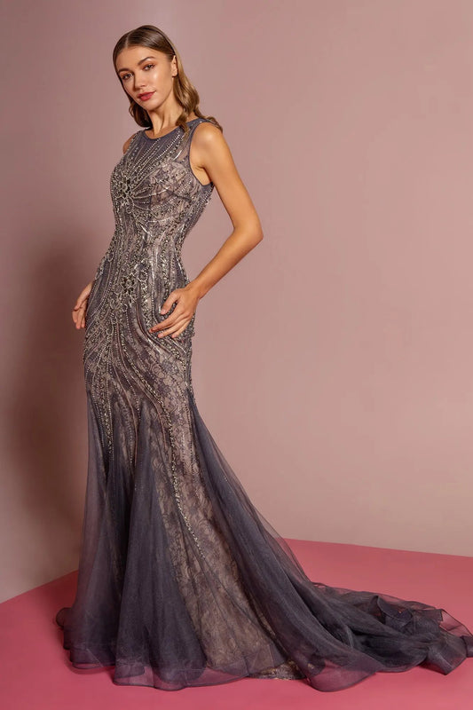 Jewel Embellished Lace Long Dress W/ Tail by Tux-USA