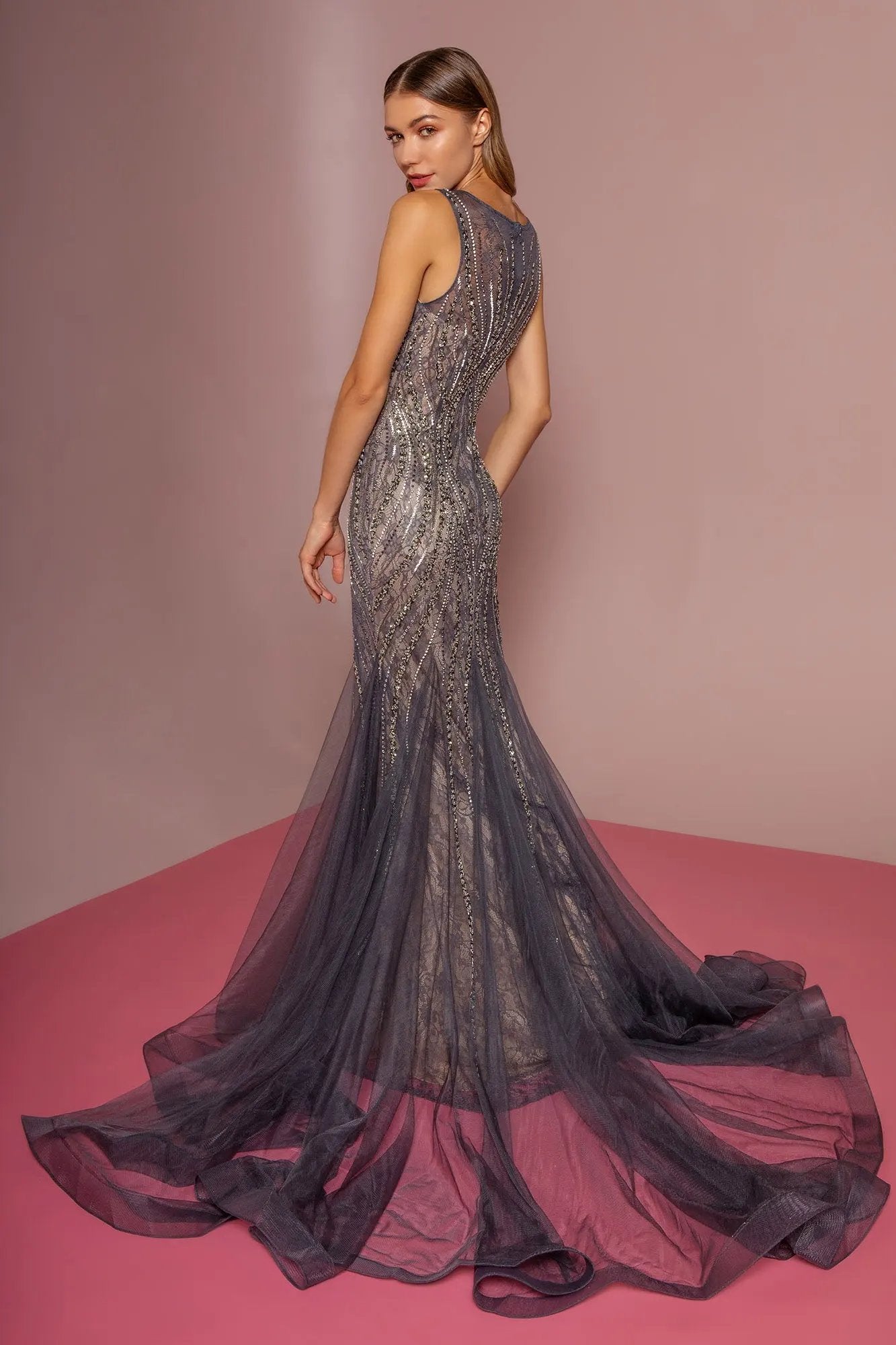 Jewel Embellished Lace Long Dress W/ Tail by Tux-USA