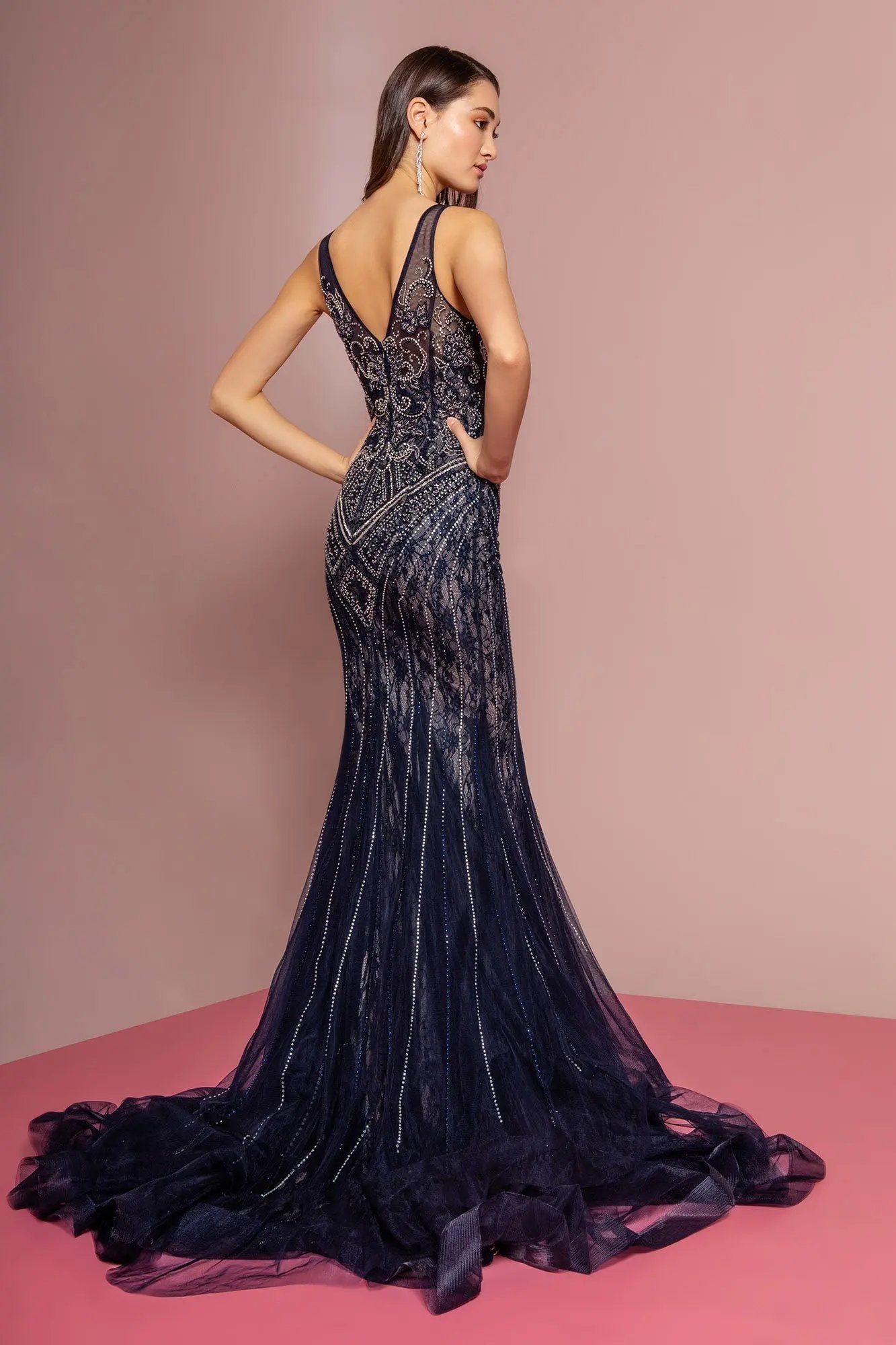 Jewel Embellished Lace Long Dress W/ V-Back by Tux-USA