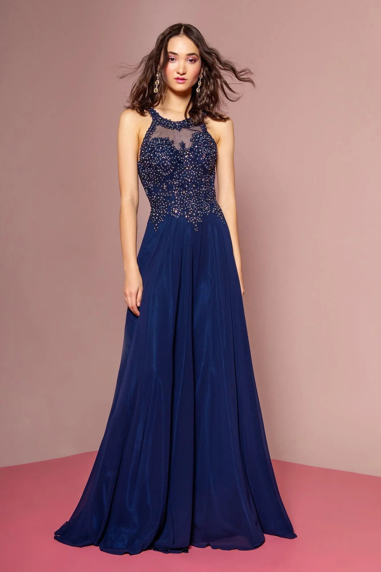 Jewel Embellished and Embroidered Bodice Chiffon Long Dress by Tux-USA