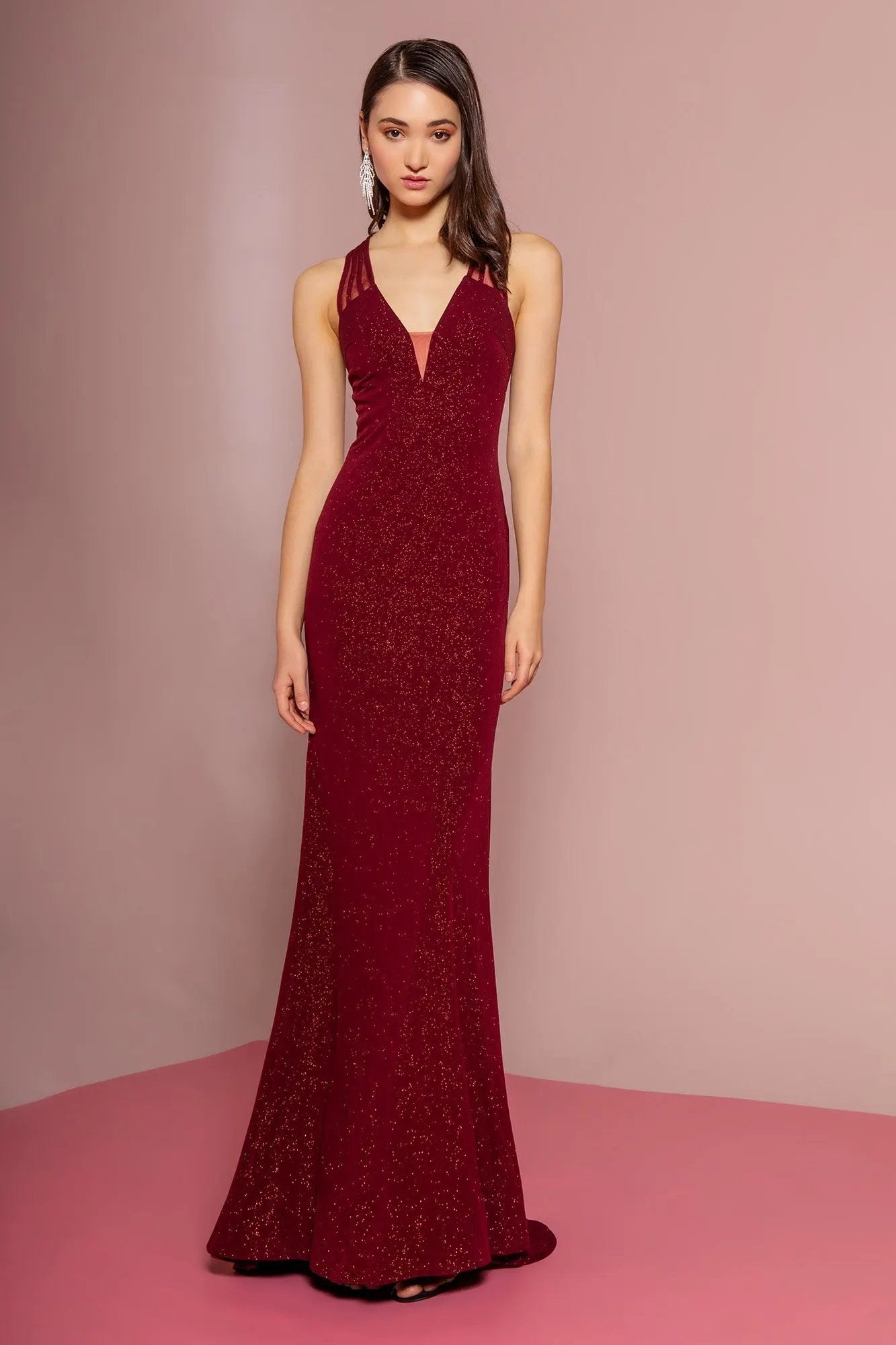 Glitter Crepe Illusion V-Neck Long Dress by Tux-USA