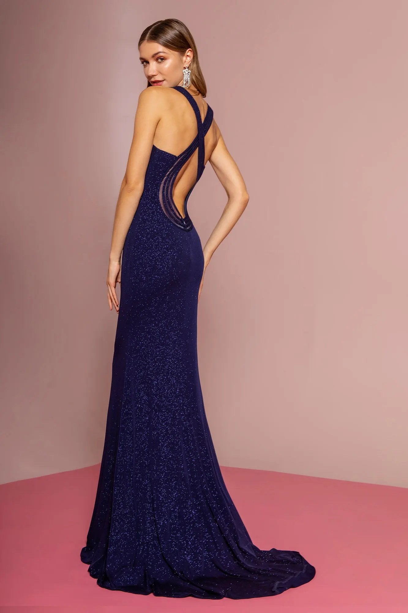 Glitter Crepe Illusion V-Neck Long Dress by Tux-USA