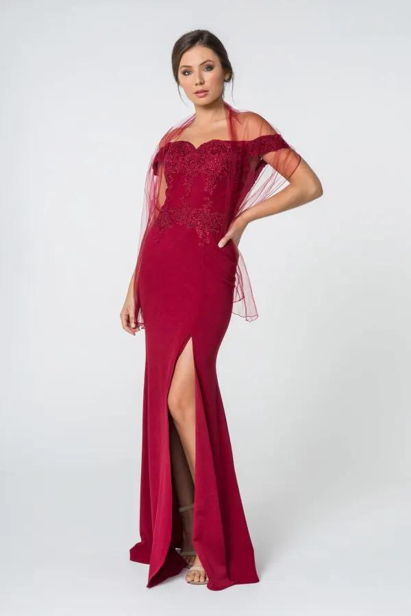 Embroidered Off-Shoulder Jersey Long Dress w/ Slit by Tux-USA