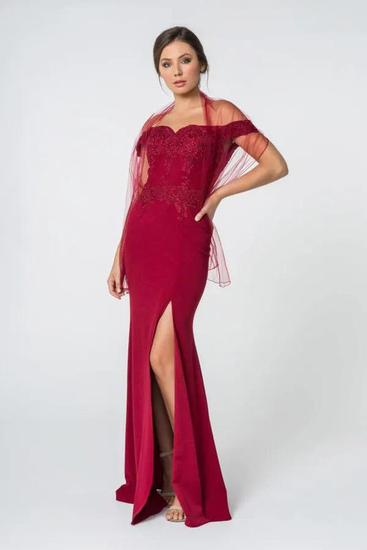 Embroidered Off-Shoulder Jersey Long Dress w/ Slit by Tux-USA