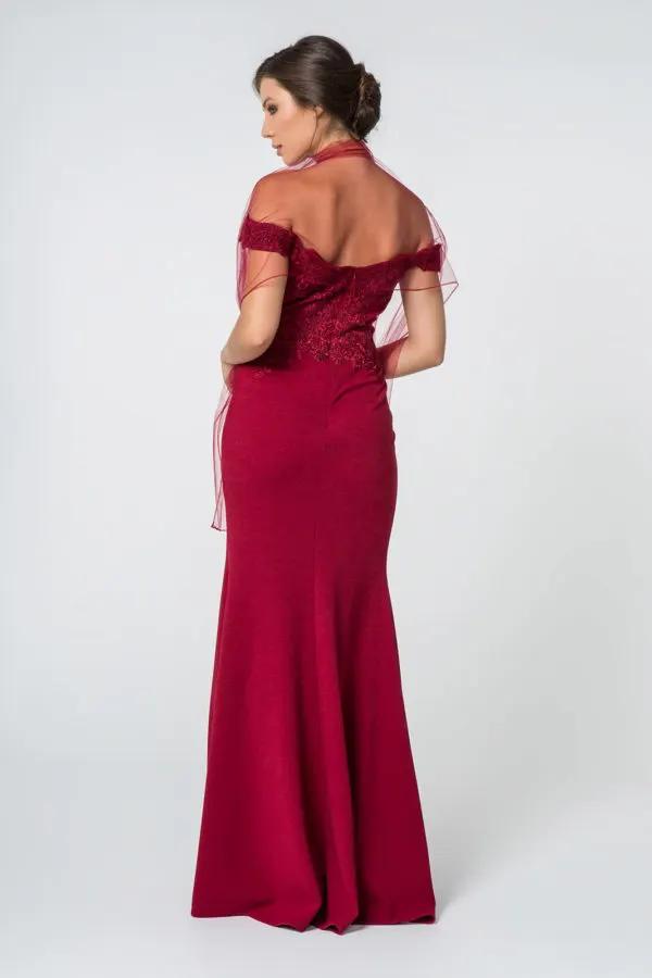 Embroidered Off-Shoulder Jersey Long Dress w/ Slit by Tux-USA