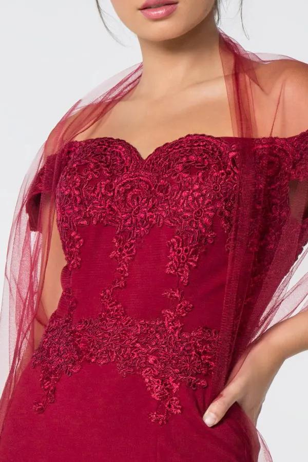 Embroidered Off-Shoulder Jersey Long Dress w/ Slit by Tux-USA