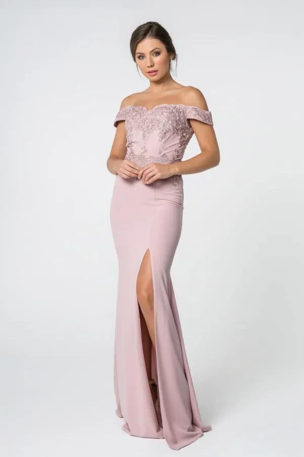 Embroidered Off-Shoulder Jersey Long Dress w/ Slit by Tux-USA