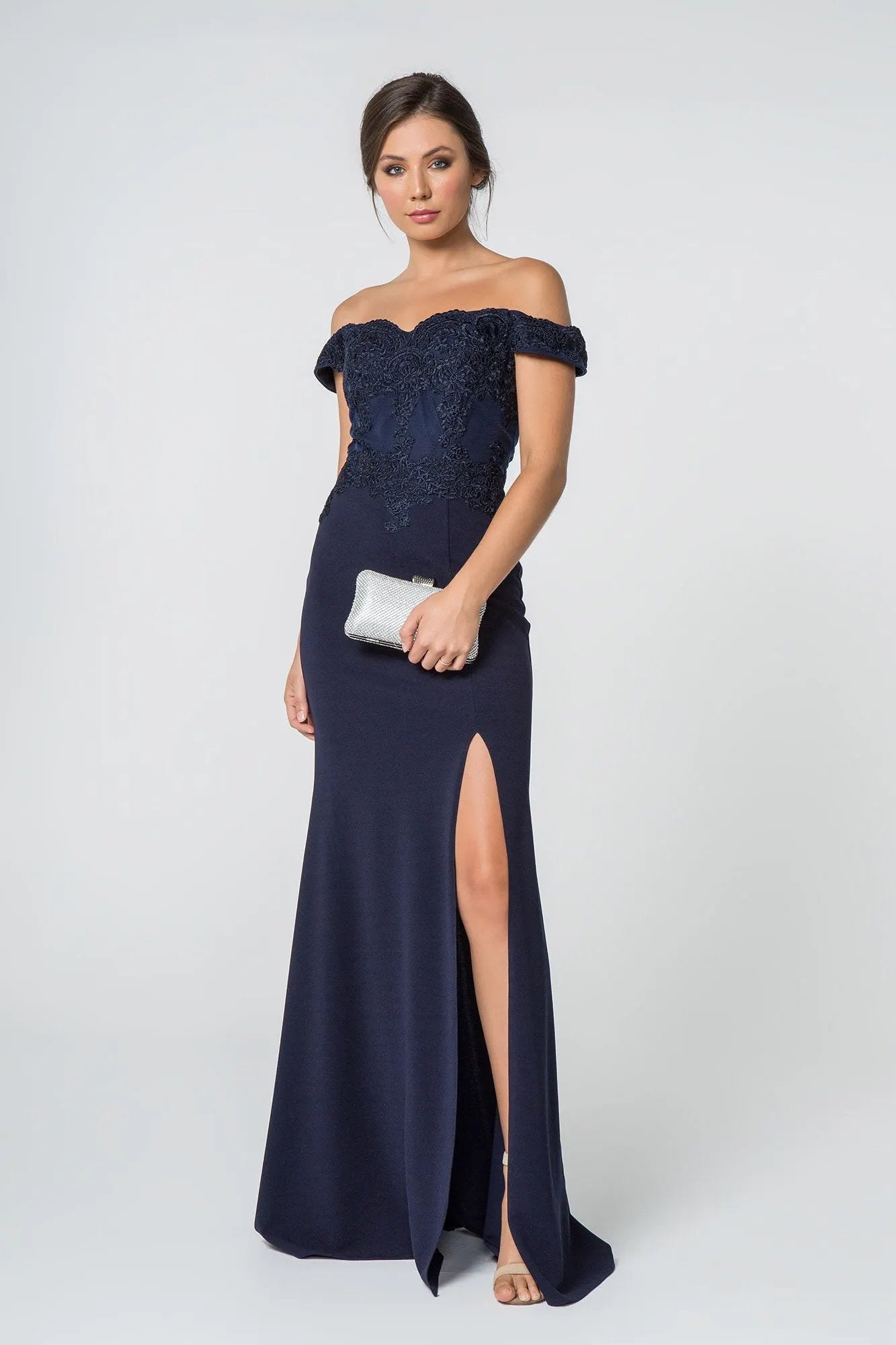 Embroidered Off-Shoulder Jersey Long Dress w/ Slit by Tux-USA