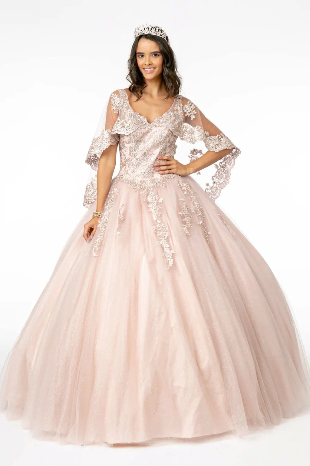 V-Neck Glitter Mesh Ball Gown w/ Cape Sleeve by Tux-USA