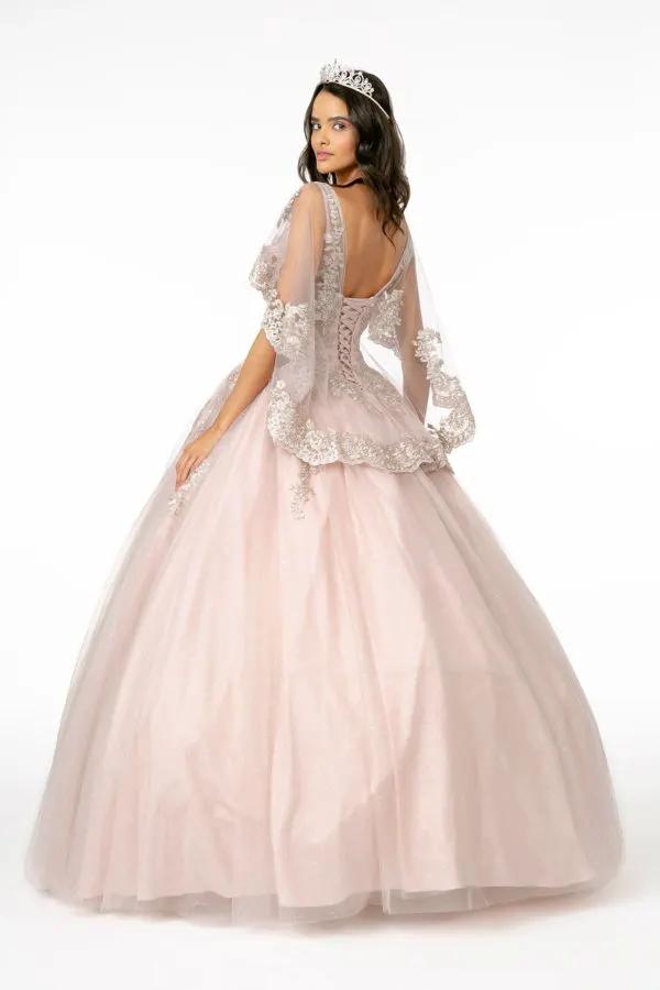 V-Neck Glitter Mesh Ball Gown w/ Cape Sleeve by Tux-USA