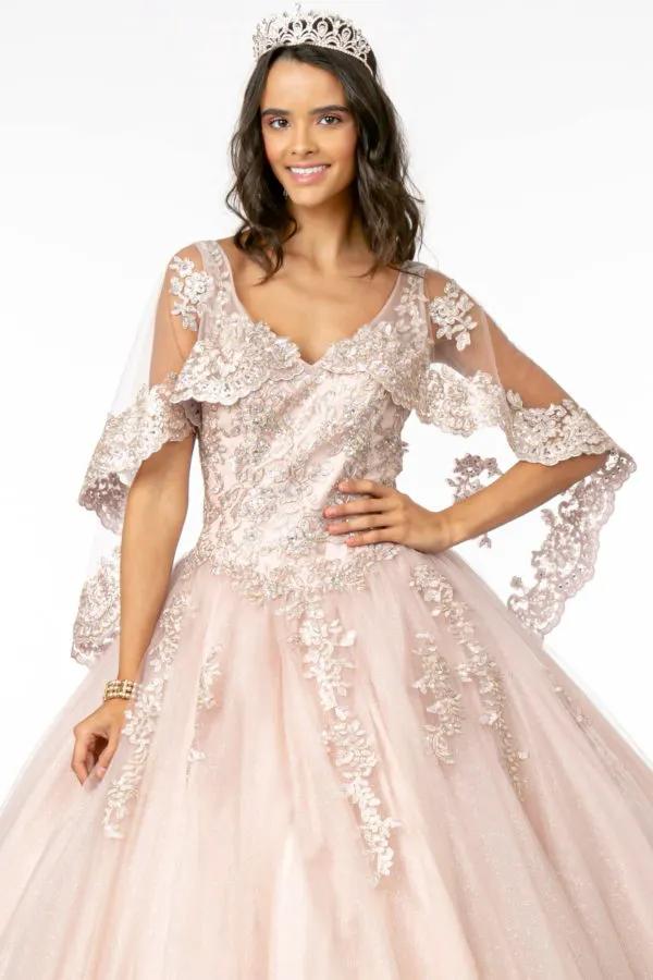 V-Neck Glitter Mesh Ball Gown w/ Cape Sleeve by Tux-USA