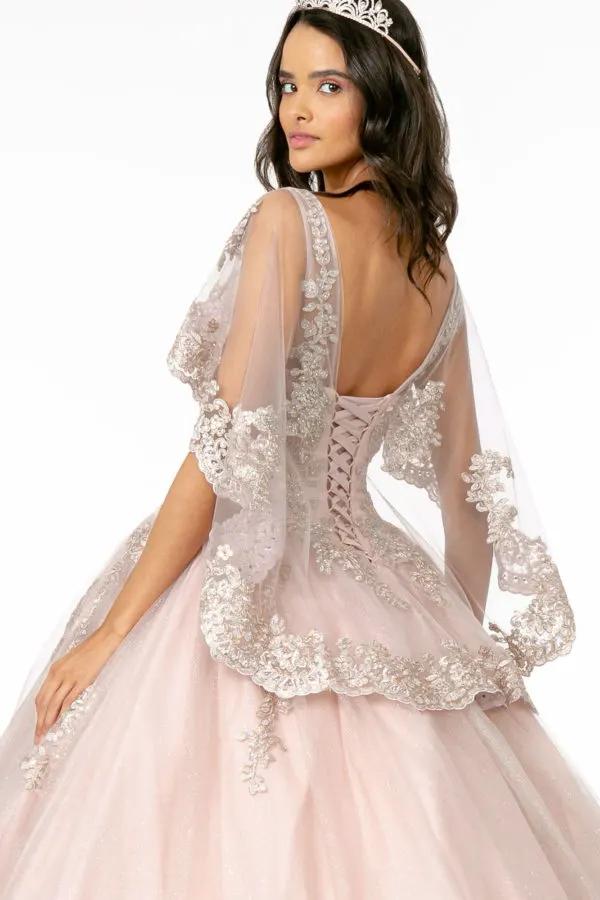 V-Neck Glitter Mesh Ball Gown w/ Cape Sleeve by Tux-USA