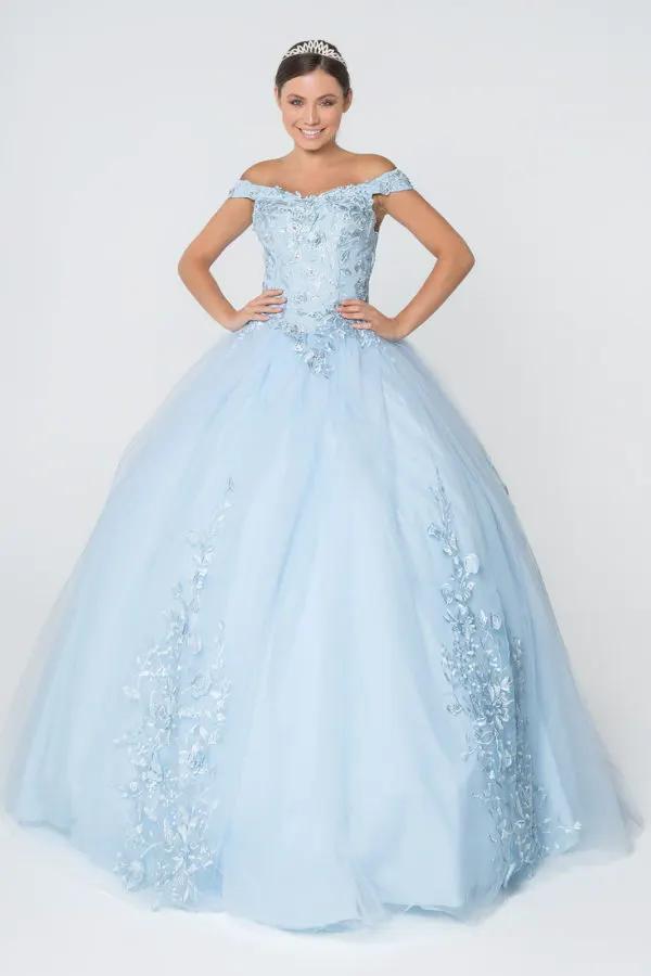 Floral Embroidery and Jewel Embellished V-Neck Mesh Ball Gown by Tux-USA