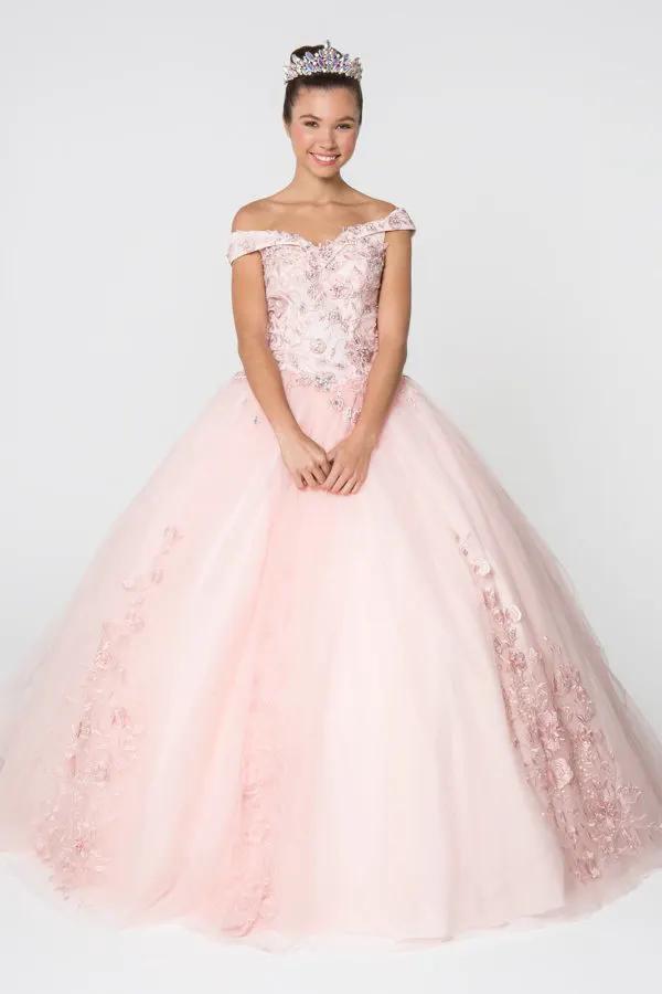 Floral Embroidery and Jewel Embellished V-Neck Mesh Ball Gown by Tux-USA