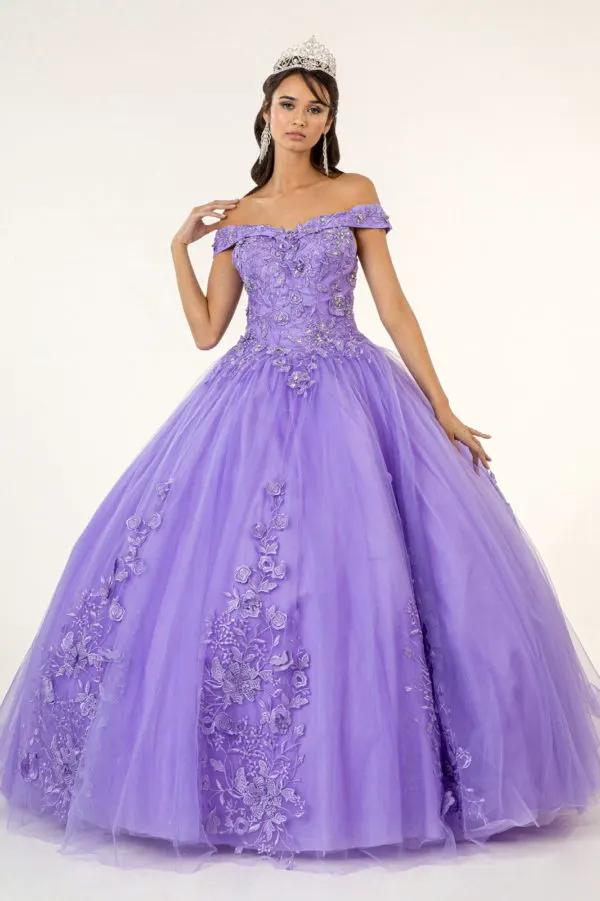 Floral Embroidery and Jewel Embellished V-Neck Mesh Ball Gown by Tux-USA
