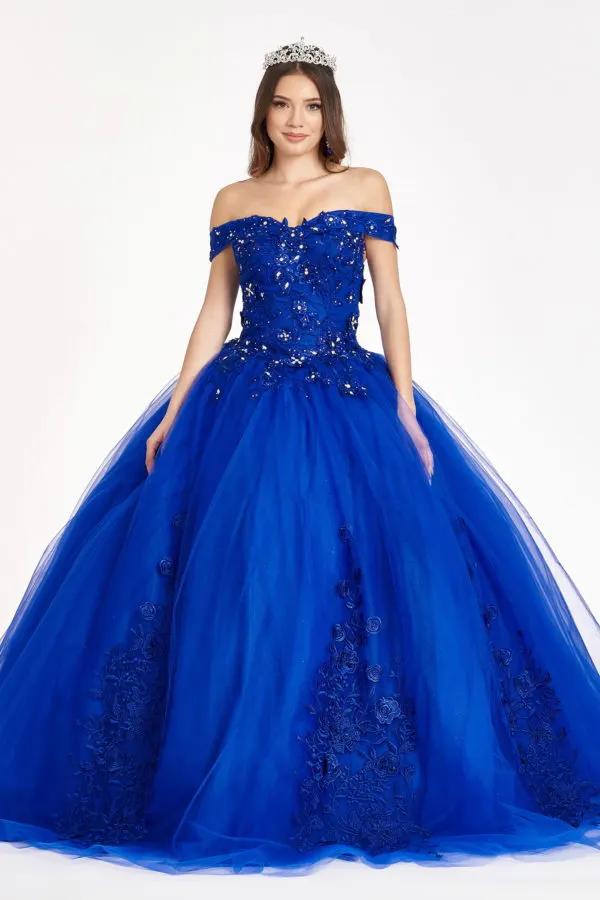 Floral Embroidery and Jewel Embellished V-Neck Mesh Ball Gown by Tux-USA