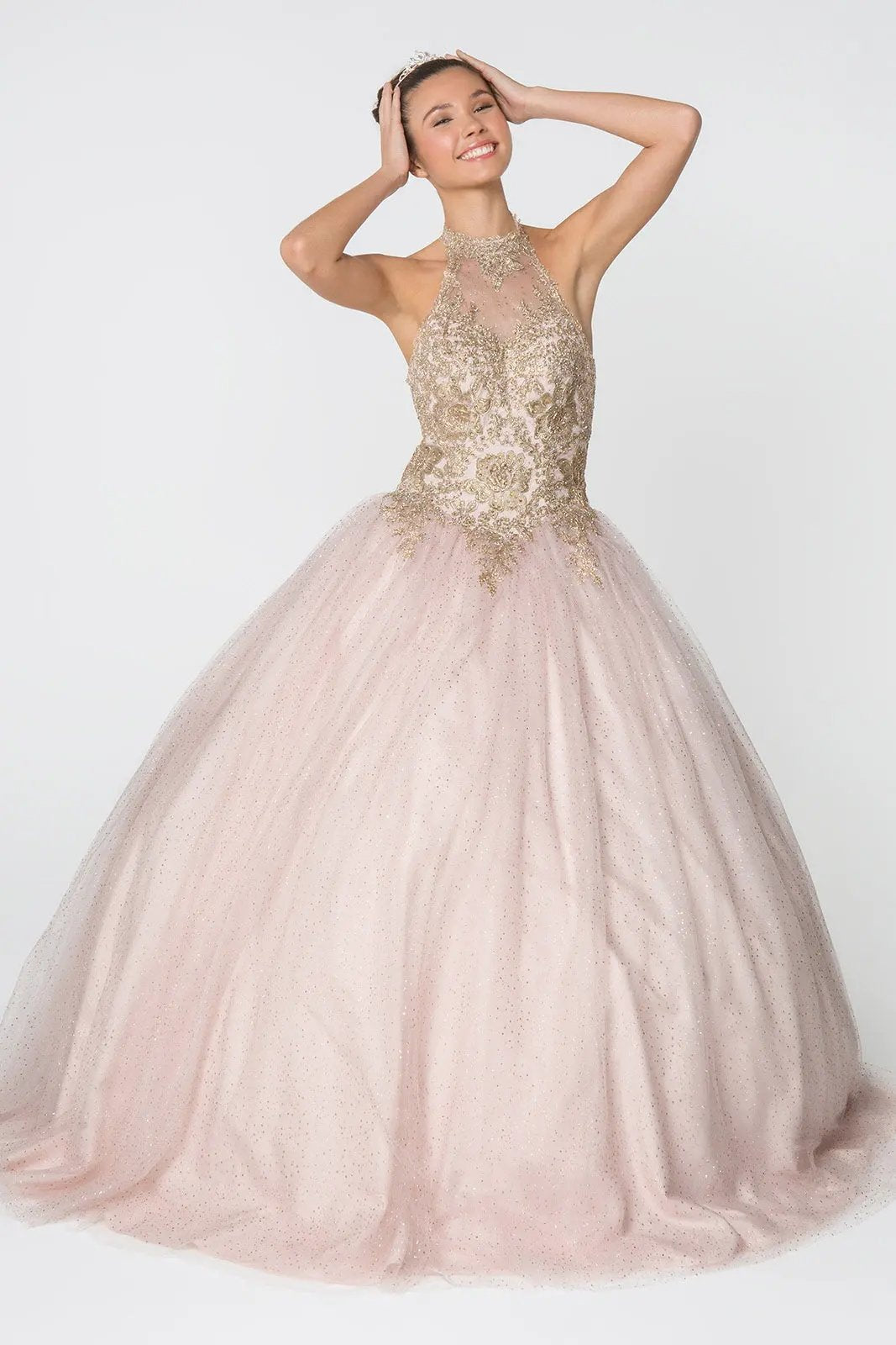 Embroidery and Jewel Embellished Halter Neck Glitter Mesh Ball Gown by Tux-USA