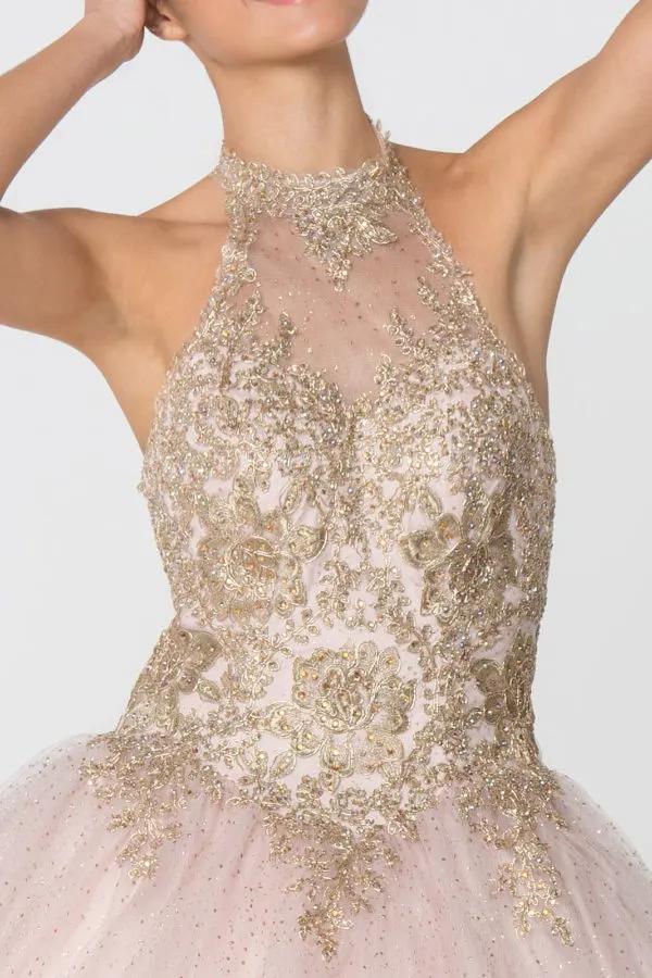 Embroidery and Jewel Embellished Halter Neck Glitter Mesh Ball Gown by Tux-USA