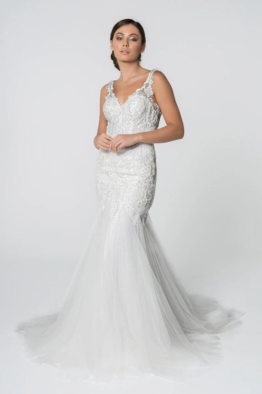 Embroidered Bodice V-Neck Mermaid Wedding Gown w/ Mesh Tail by Tux-USA