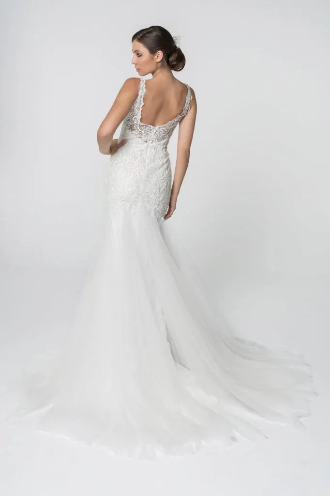 Embroidered Bodice V-Neck Mermaid Wedding Gown w/ Mesh Tail by Tux-USA