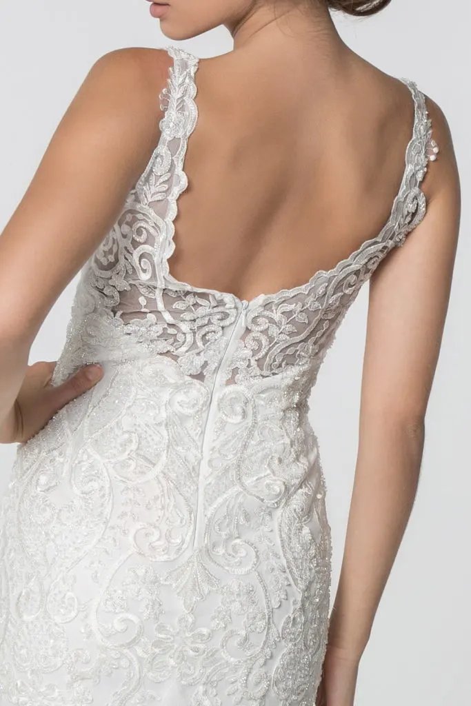 Embroidered Bodice V-Neck Mermaid Wedding Gown w/ Mesh Tail by Tux-USA
