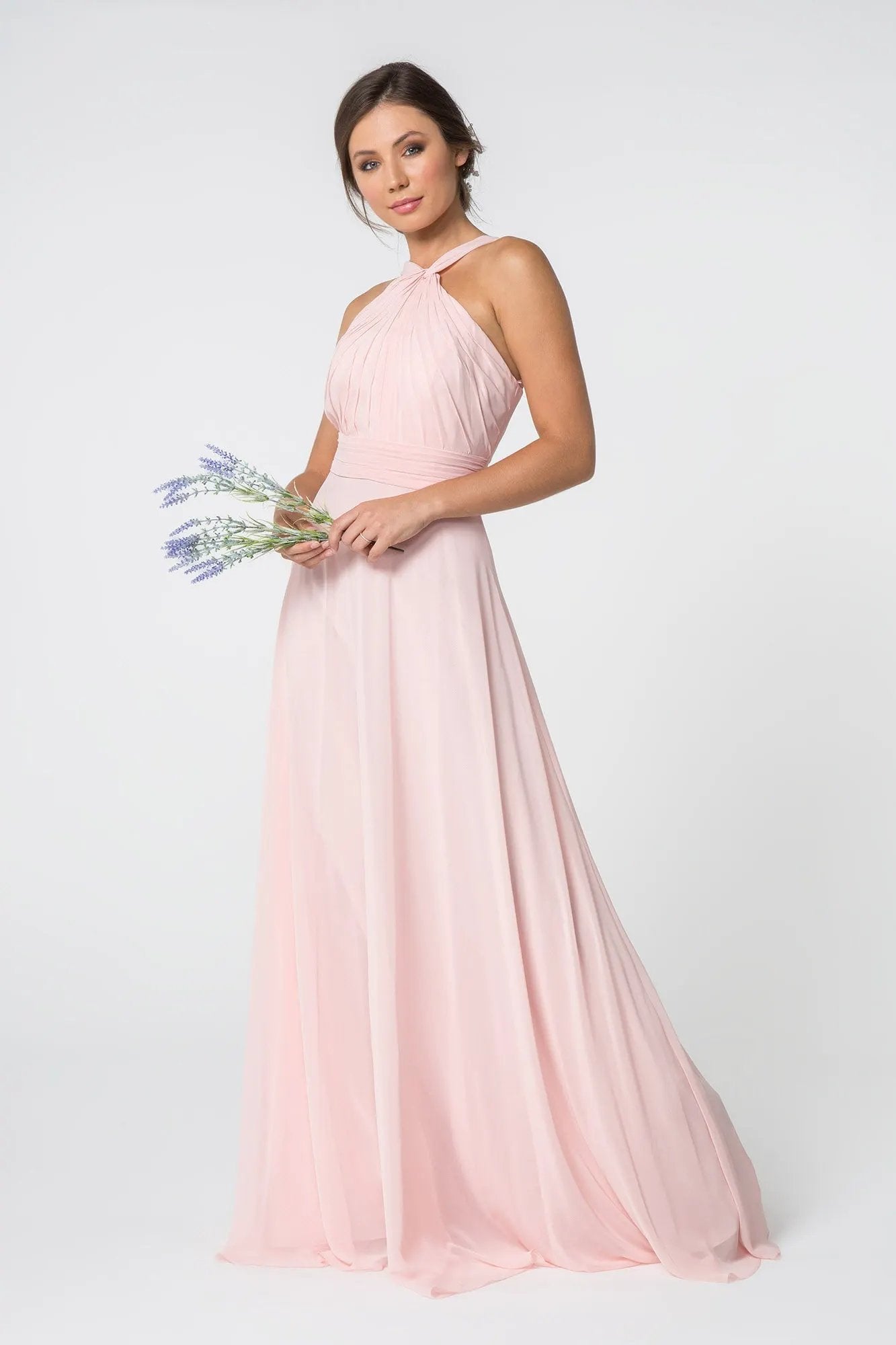 High-Neck Chiffon Ruched-Bodice A-Line Long Dress by Tux-USA
