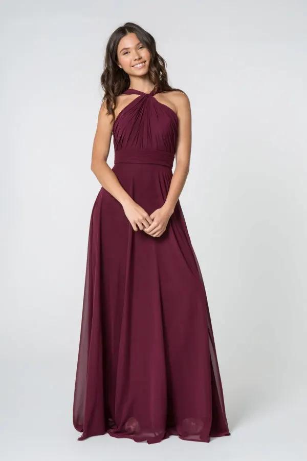 High-Neck Chiffon Ruched-Bodice A-Line Long Dress by Tux-USA