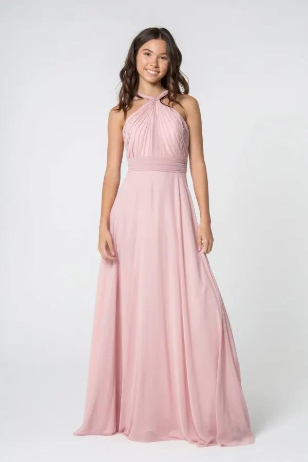 High-Neck Chiffon Ruched-Bodice A-Line Long Dress by Tux-USA