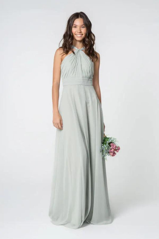 High-Neck Chiffon Ruched-Bodice A-Line Long Dress by Tux-USA