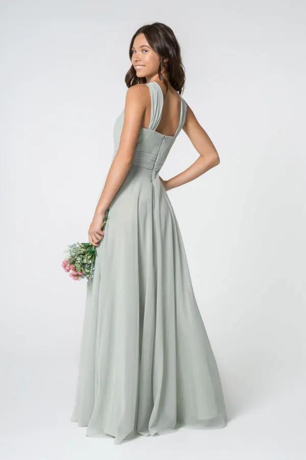 High-Neck Chiffon Ruched-Bodice A-Line Long Dress by Tux-USA
