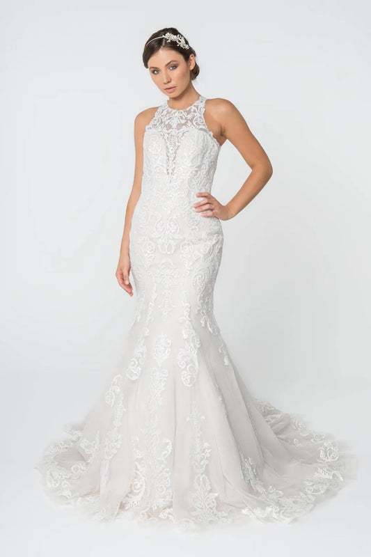 Lace Embellished Mesh Wedding Gown w/ Sheer Back by Tux-USA