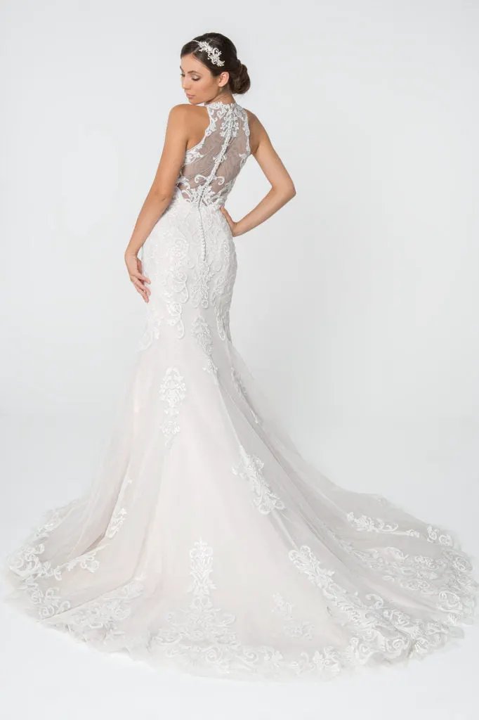 Lace Embellished Mesh Wedding Gown w/ Sheer Back by Tux-USA