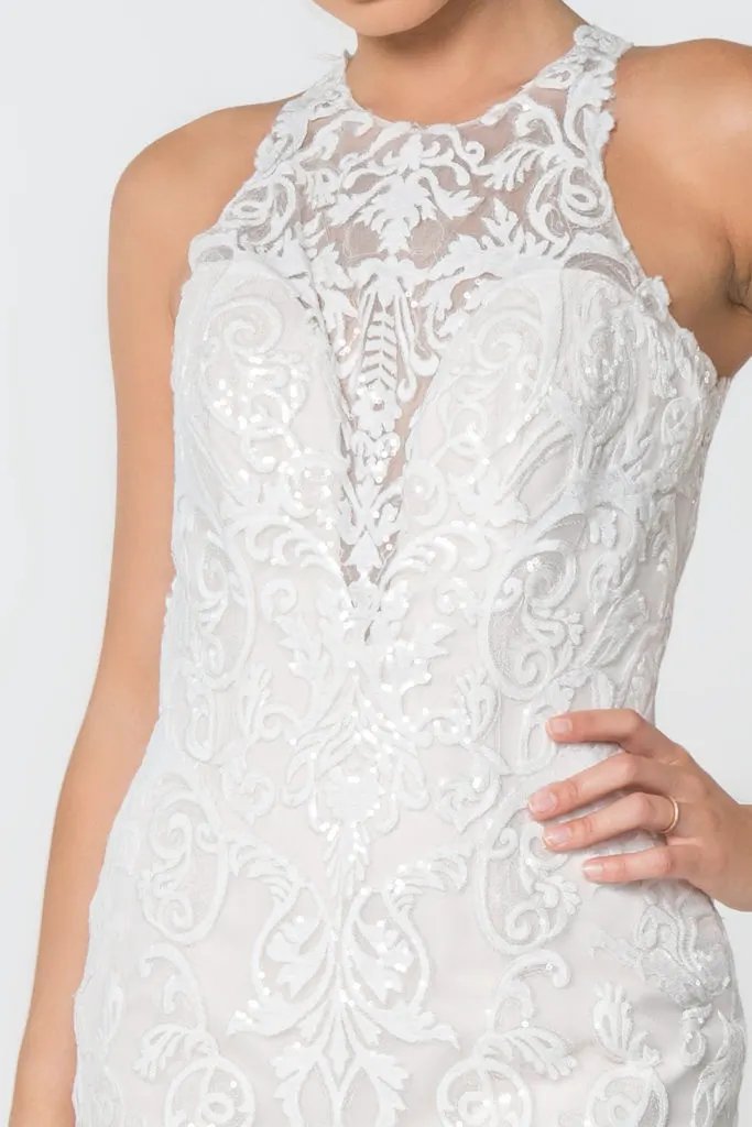 Lace Embellished Mesh Wedding Gown w/ Sheer Back by Tux-USA