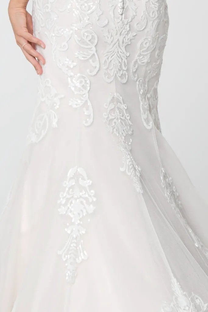 Lace Embellished Mesh Wedding Gown w/ Sheer Back by Tux-USA