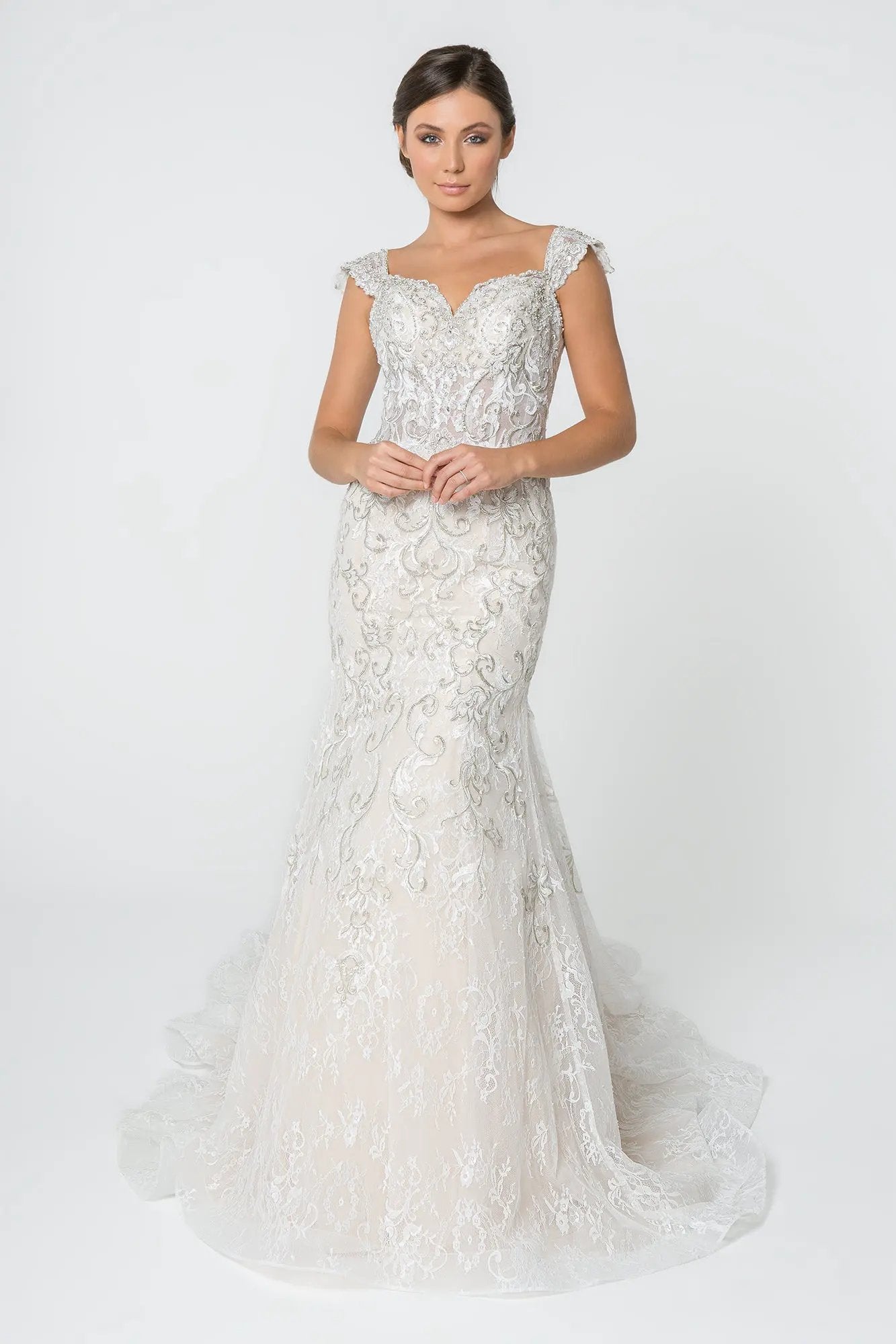 Jewel and Embroidery Embellished Mesh Wedding Gown by Tux-USA