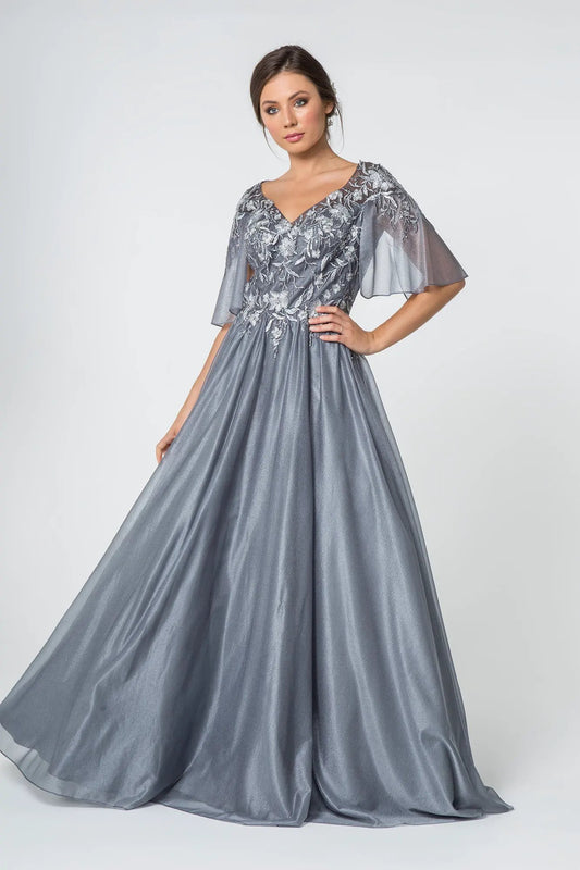 Cape-Sleeve Lace Embellished V-Neck Long Dress by Tux-USA