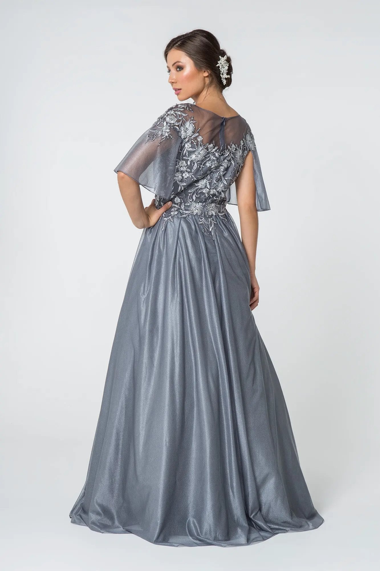 Cape-Sleeve Lace Embellished V-Neck Long Dress by Tux-USA