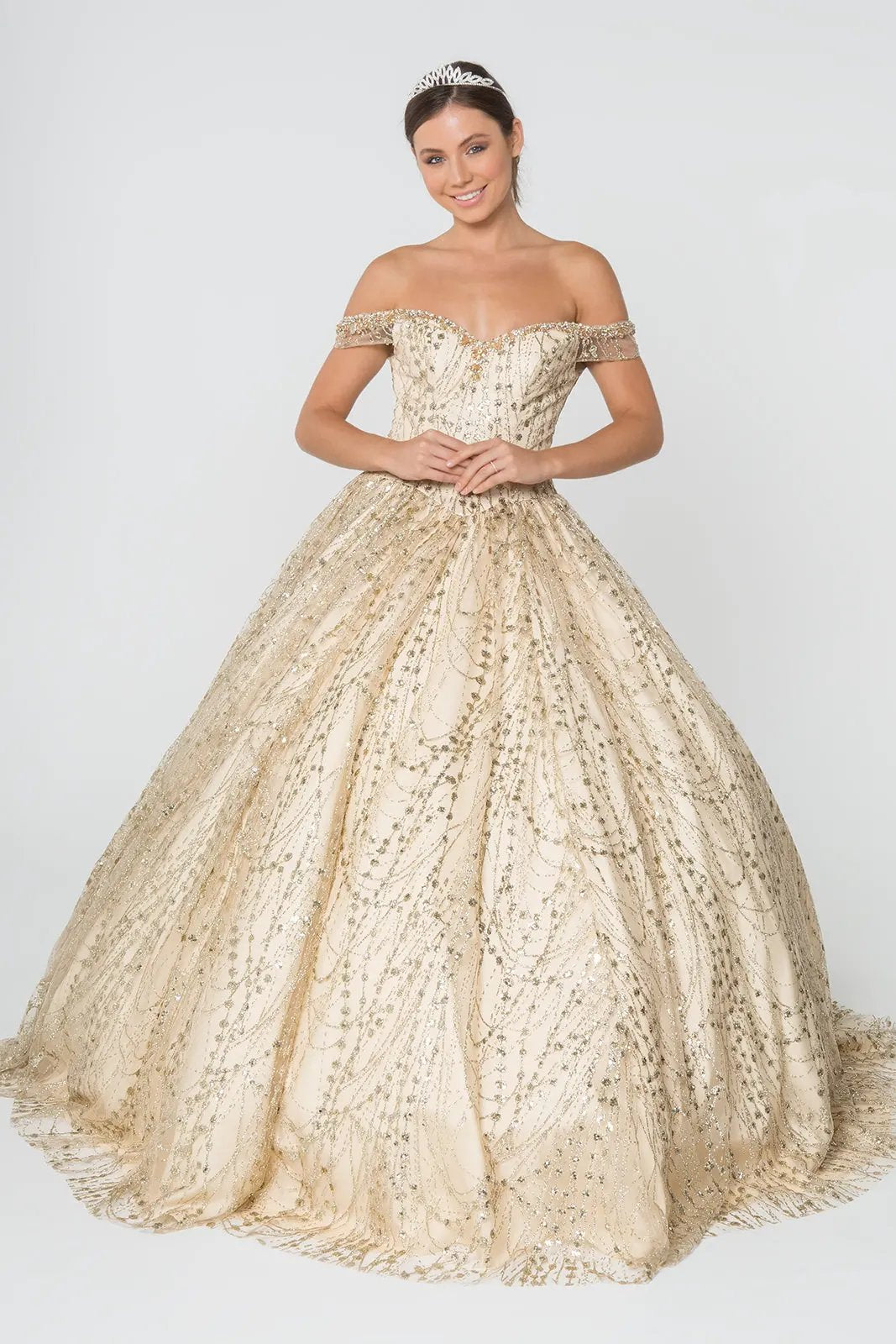 Sweetheart Neck Cut-Away Shoulder Glitter Mesh Ball Gown by Tux-USA