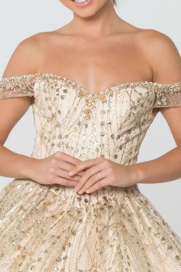 Sweetheart Neck Cut-Away Shoulder Glitter Mesh Ball Gown by Tux-USA