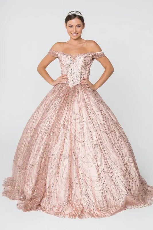 Sweetheart Neck Cut-Away Shoulder Glitter Mesh Ball Gown by Tux-USA