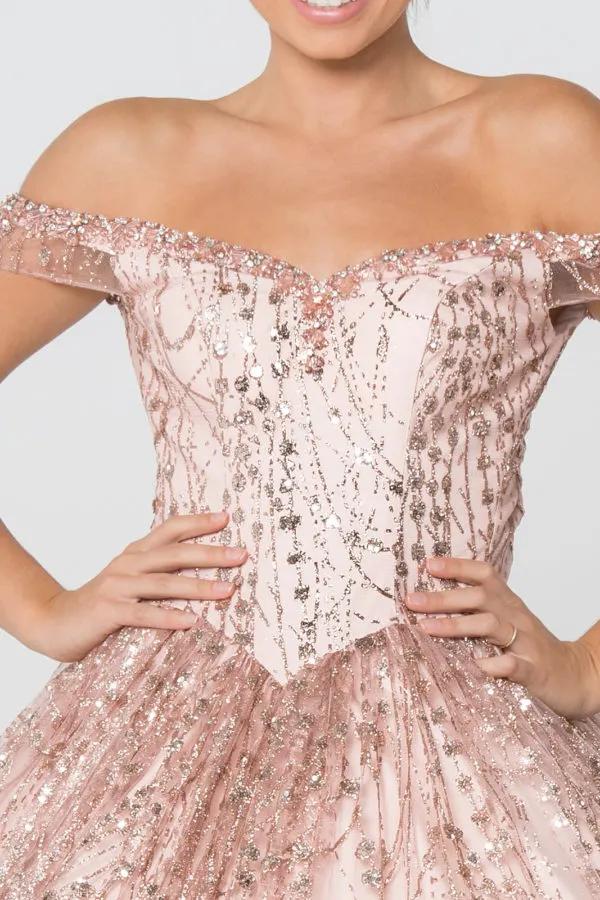 Sweetheart Neck Cut-Away Shoulder Glitter Mesh Ball Gown by Tux-USA