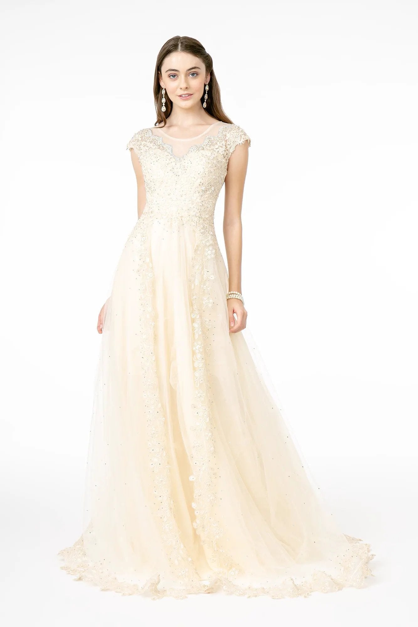 Embroidered Mesh A-Line Long Dress w/ Sheer Back by Tux-USA