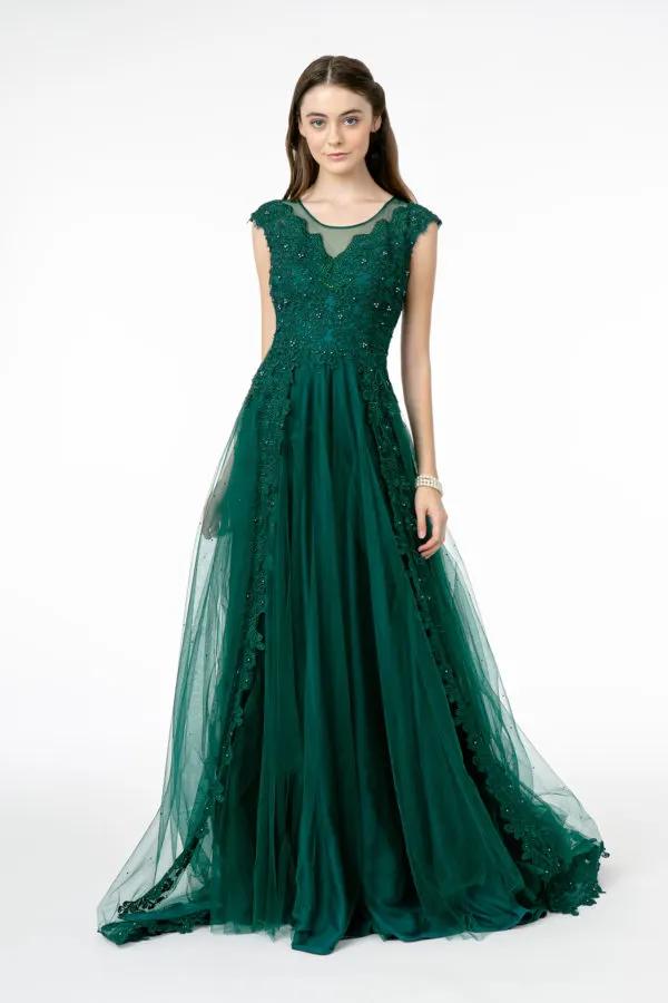 Embroidered Mesh A-Line Long Dress w/ Sheer Back by Tux-USA
