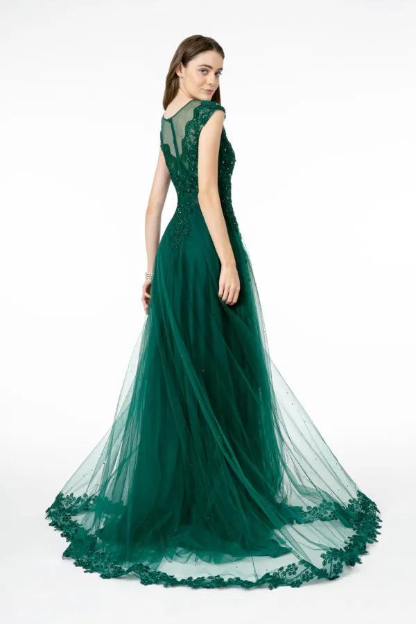 Embroidered Mesh A-Line Long Dress w/ Sheer Back by Tux-USA