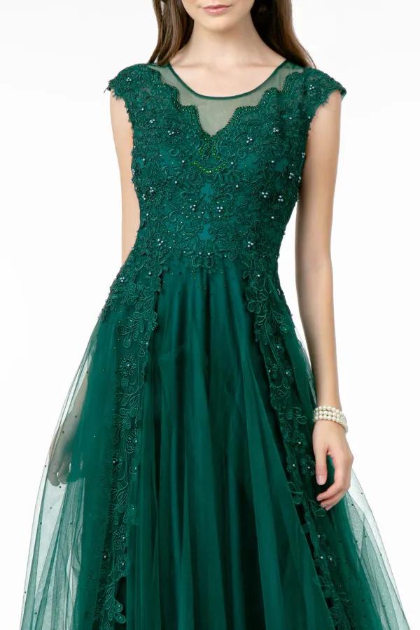 Embroidered Mesh A-Line Long Dress w/ Sheer Back by Tux-USA