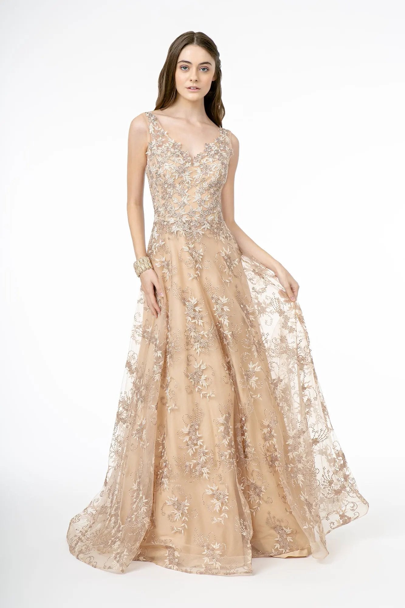Embroidery Embellished V-Neck Tulle A-Line Dress by Tux-USA