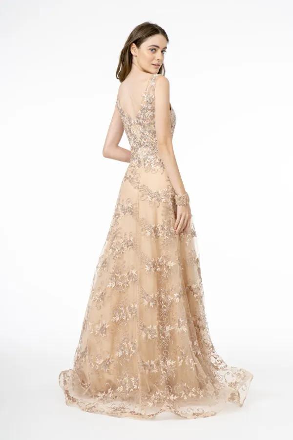Embroidery Embellished V-Neck Tulle A-Line Dress by Tux-USA