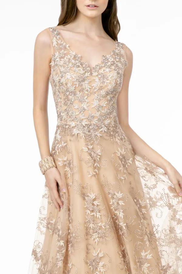 Embroidery Embellished V-Neck Tulle A-Line Dress by Tux-USA