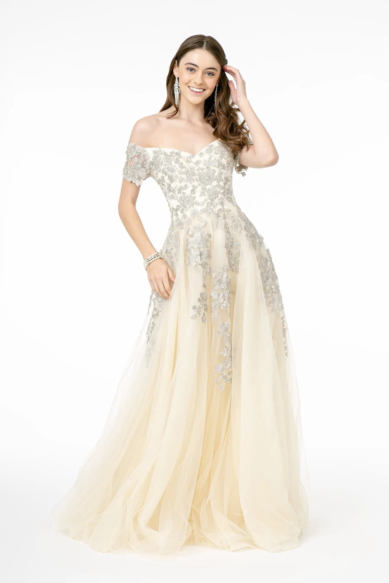 Embroidered Mesh A-Line Long Dress w/ V-Back by Tux-USA