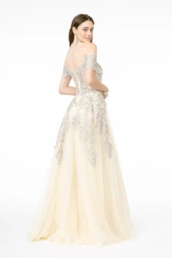 Embroidered Mesh A-Line Long Dress w/ V-Back by Tux-USA